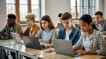 Group of multiethnic high school students using computers in classroom. photo