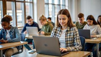education, high school, technology and people concept - group of smiling students with laptop computers in classroom photo