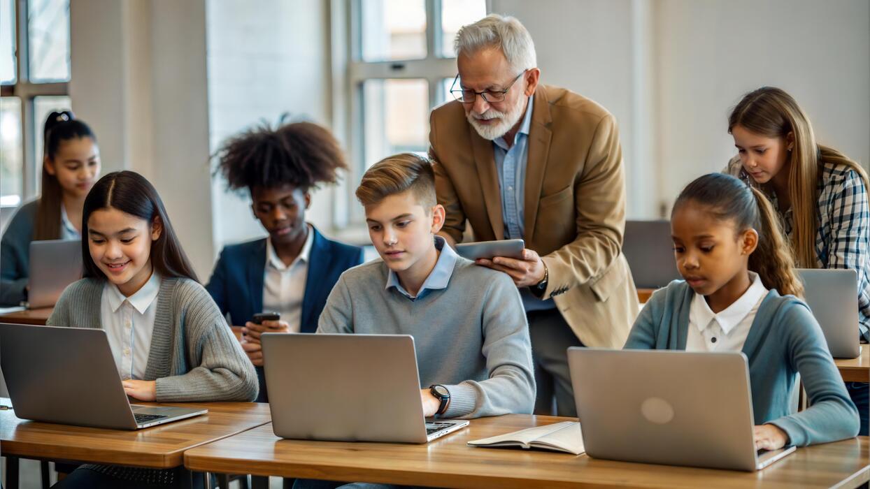 Keywords:
Student using AI on laptop in classroom - Front view of a diverse group of elementary school students using ...
