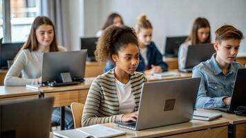 Group of students using laptop in classroom. Selective focus on girl photo