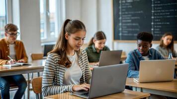 group of multiethnic students using laptop while sitting at table in classroom photo