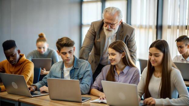 Group of multiethnic students using laptop computers in classroom at university photo