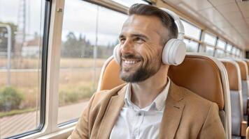 Man listening to music in a train. He is smiling and looking away. photo