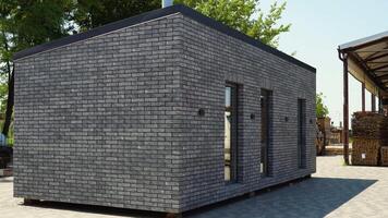 Newly built single storey prefabricated modular building. Prefabricated mobile wooden house on exhibition video