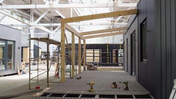 Construction of new and modern modular house. Building new frame of energy efficient home concept video