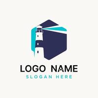 Logo design graphic concept creative premium stock hexagon light house with rays boat beach island. Related to building sailor drakness bright vector