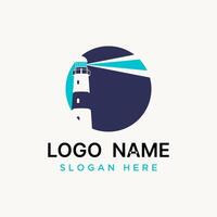 Logo design graphic concept creative premium stock circle light house with rays boat beach island. Related bulb building sailor drakness bright vector