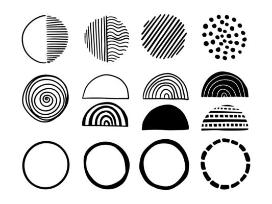 set background. Round geometry group batik graphic. Hand drawn circle doodle painting. Many different type. Design illustration brush stroke. Art backdrop concept. Black color