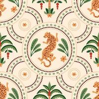 Summer ceramic tile pattern with tropical palm tree, leopard animal, checkered round shapers. Cute jungle print, funny beach background, damask ornament, geometric textile design, mosaic safari vector
