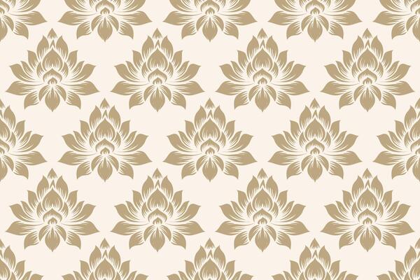 Seamless damask floral pattern in beige and gold tones with intricate lotus flower motifs. Perfect for wallpaper, fabric, and decoration.