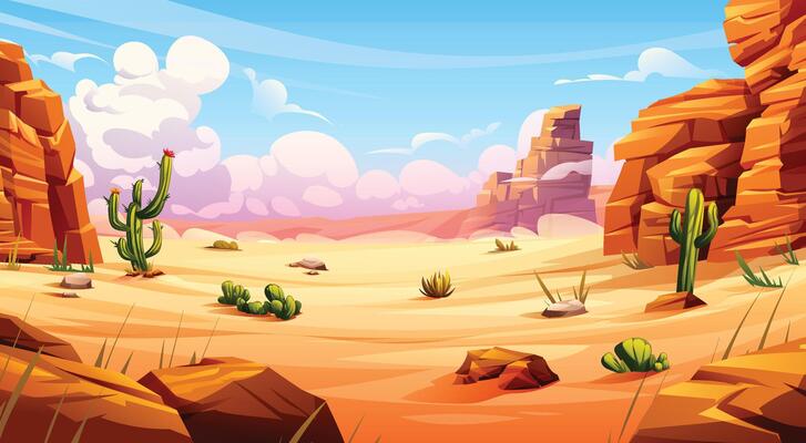 Desert landscape with cactus and rocky cliffs background cartoon illustration