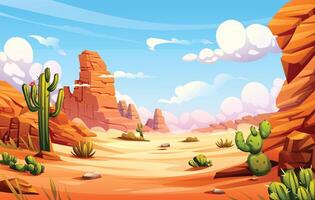 Desert landscape with cactus and rocky cliffs background cartoon illustration vector