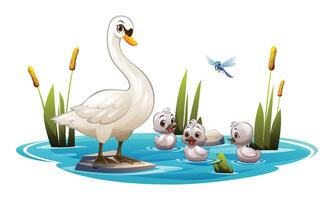 Mother swan with baby swans swimming in a pond with cattails and a dragonfly. illustration vector