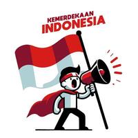 Indonesian man with loudspeaker carrying red and white flag vector