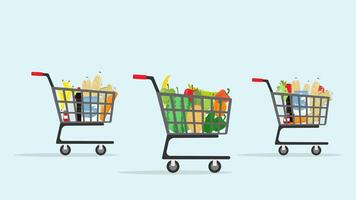 shopping trolley or basket with fruit, vegetables and bread shopping cart element vector
