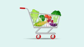 shopping trolley or basket with fruit, vegetables and bread shopping cart element vector