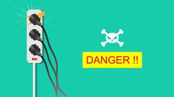 Electric risk burn. Overload plug in power outlet in. caution and warning Danger electricity illustration. vector