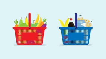 shopping trolley or basket with fruit, vegetables and bread shopping cart element vector