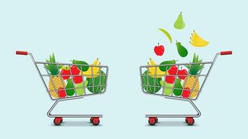 shopping trolley or basket with fruit, vegetables and bread shopping cart element vector