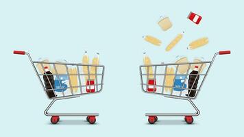 shopping trolley or basket with fruit, vegetables and bread shopping cart element vector