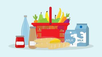shopping trolley or basket with fruit, vegetables and bread shopping cart element vector