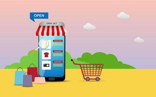 Shopping online using smartphone concept vector