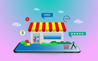 Shopping online using smartphone concept vector