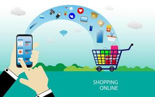 Shopping online using smartphone concept vector