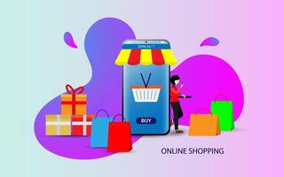 Shopping online using smartphone concept vector