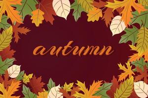 Autumn frame of colorful leaves on a bright burgundy background. Autumn sale banner mockup, greeting card template. Flat lay, top view, minimalist style. vector