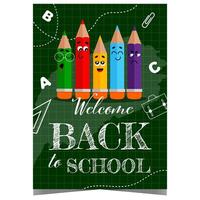 Welcome back to school poster with coloured pencils characters with different emotions and other school supplies on the blackboard. A backpack, ruler and letters invite pupils back to their desks. vector