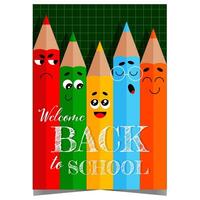 Coloured pencils characters inviting pupils back to school. Poster or banner for elementary or middle school to celebrate with students and teachers the beginning of the new school year. vector