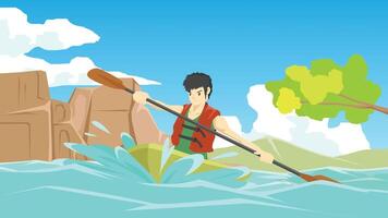 Athletes paddling canoes in rapids. Front view with branches and leaves obscuring the top. There is a rock as an obstacle on the side. In a canoeing competition. vector