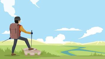 Hikers standing on rocks on top of mountain. Landscape background of grassland and curving river. With mountains under blue sky and white clouds. vector
