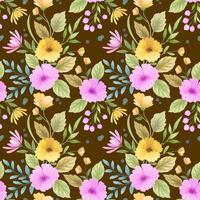 Cute colorful flowers with butterfly on brown color background seamless pattern. vector