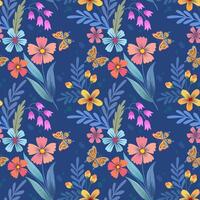 Beautiful blooming flowers design with butterfly on blue color background seamless pattern. vector