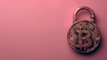Old Padlock with Bitcoin Symbol on Pink Background. Copyspace, Cryptocurrency Protection, Digital Asset Security, Blockchain Encryption. photo