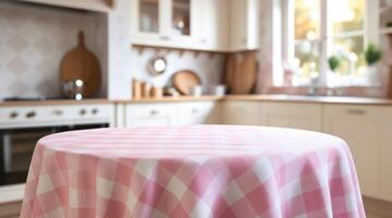 Empty round table with pastel pink and white checkered tablecloth top on blurred kitchen background, blank for copy space photo
