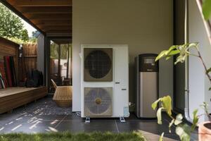 Air source heat pump installed in residential building. photo
