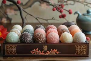 Traditional Japanese dessert mochi balls presented in a beautiful, traditional Japanese box photo