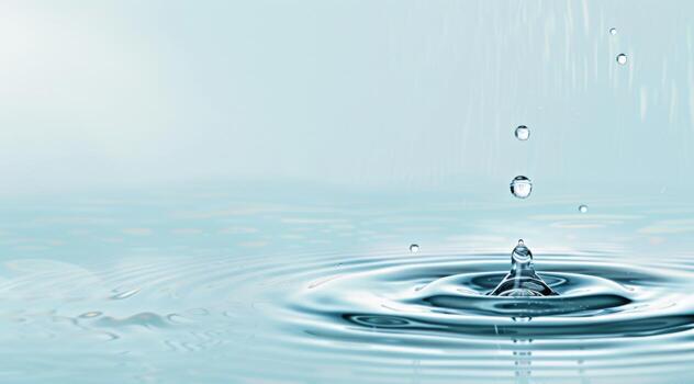 agua soltar que cae con hermosa ondas y reflexión en un ligero azul fondo, amplio bandera con Copiar espacio zona para diseño o texto. foto