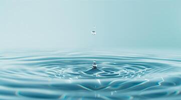 Water drop falling with beautiful ripples and reflection on a light blue background, wide banner with copy space area for design or text. photo