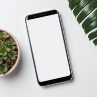 Smart phone with white display screen, mobile device mockup template photo