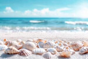 Beautiful beach with white sand, blue water and sea shells on the shore. Summer vacation background banner with copy space for text. photo