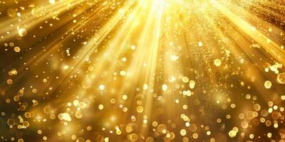 Golden ethereal rays of sunshine, sparkle, twinkle falling, bokeh effect abstract background wallpaper design. photo
