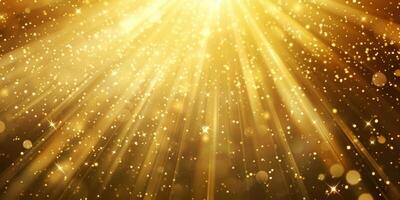 Golden ethereal rays of sunshine, sparkle, twinkle falling, bokeh effect abstract background wallpaper design. photo