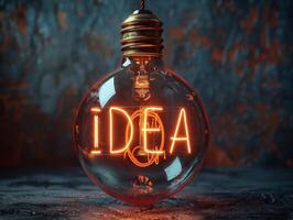 Light bulb with 3D letters IDEA. Creativity, ideas and innovation concept background. photo