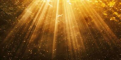 Golden ethereal rays of sunshine, sparkle, twinkle falling, bokeh effect abstract background wallpaper design. photo