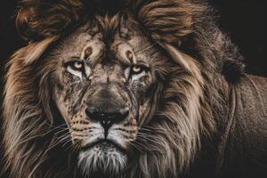 Close-up portrait of a fierce and powerful lion with an intense expression. photo