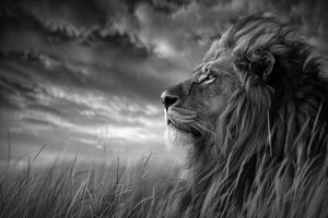 Majestic lion looking into the distance in black and white photo